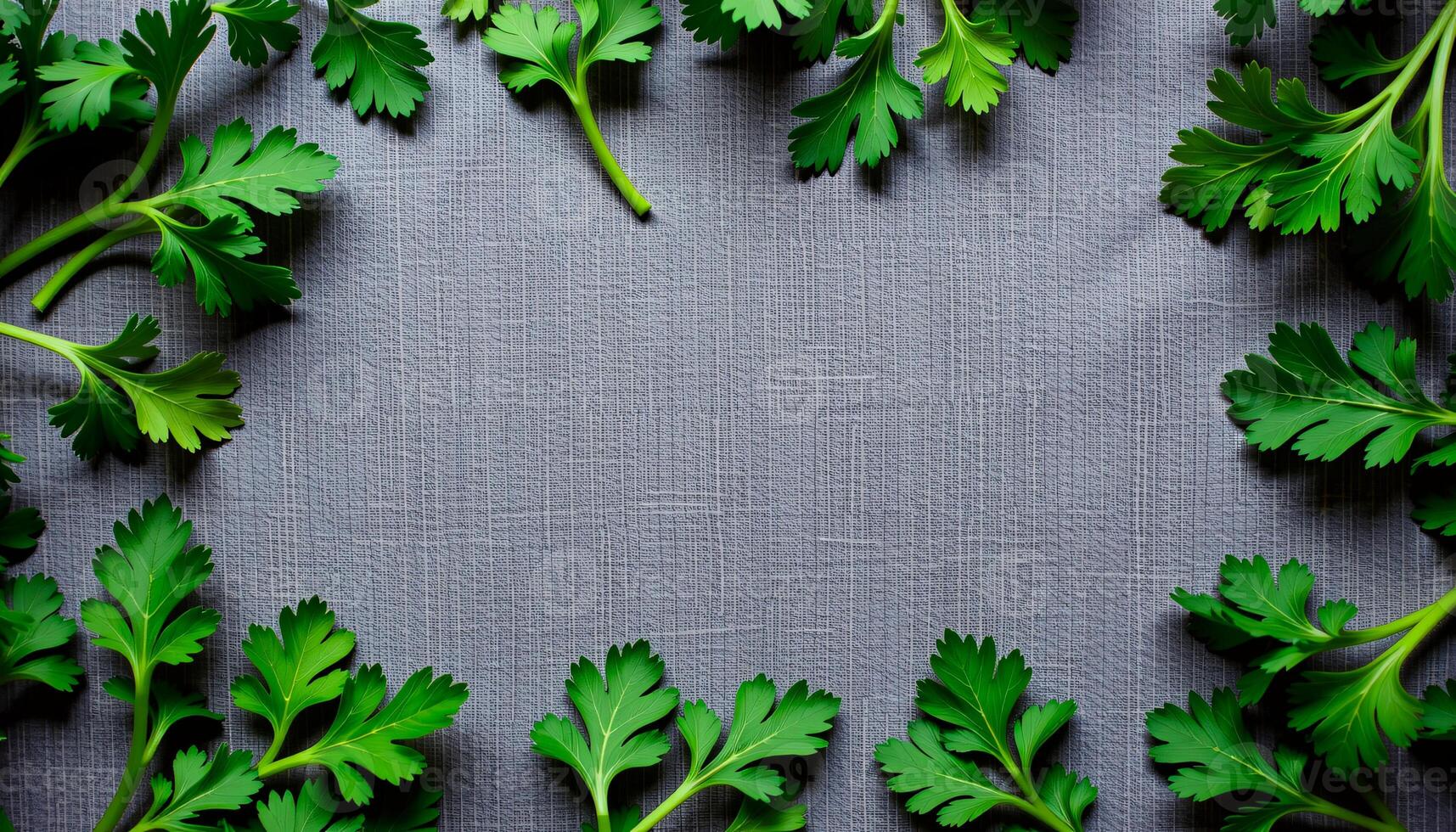Creative flat lay of parsley on a felt background, with leafy green hues, subtle ambient glow photo