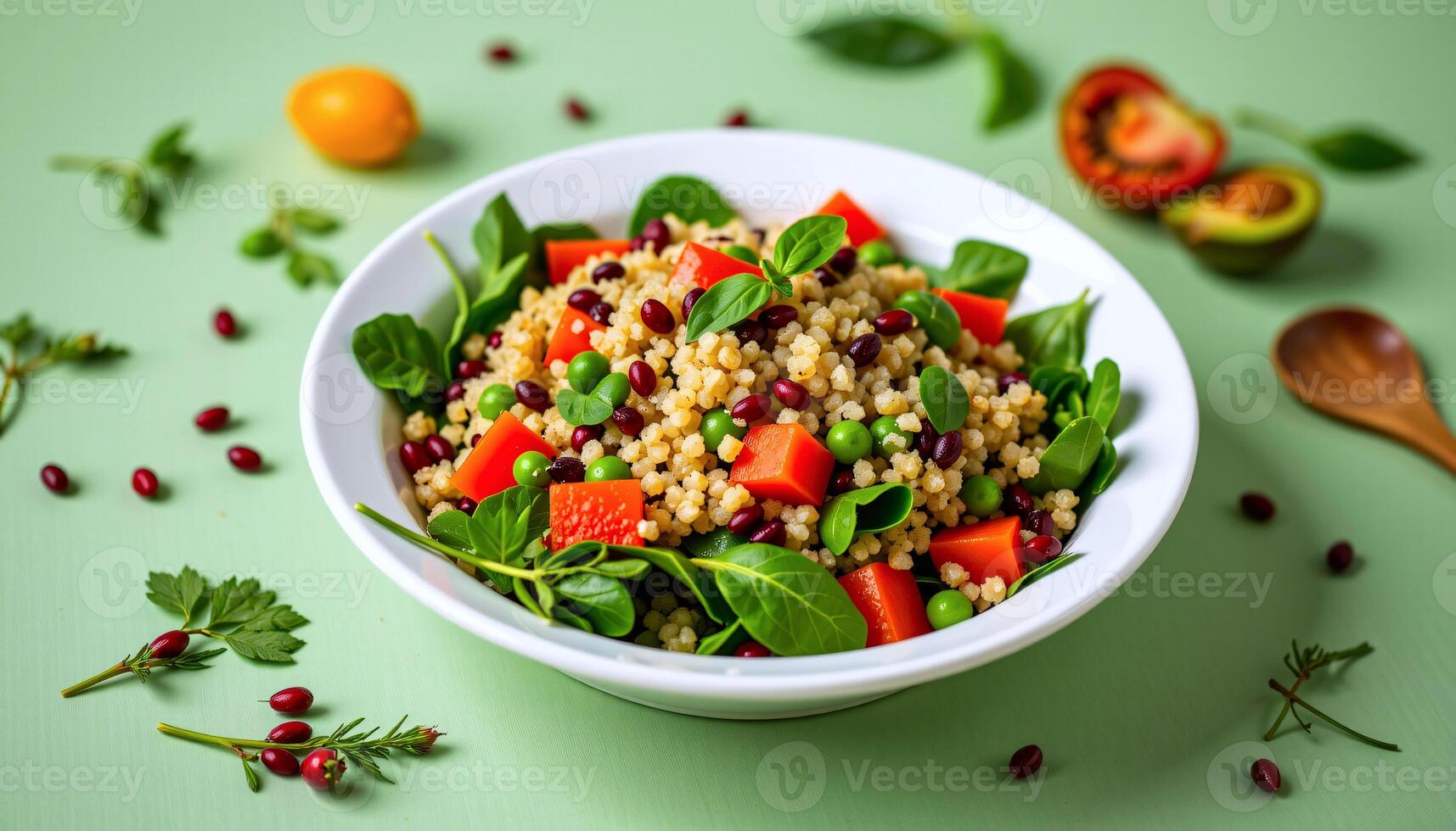 Vibrant quinoa salad set in the fresh corner on a sage green background photo