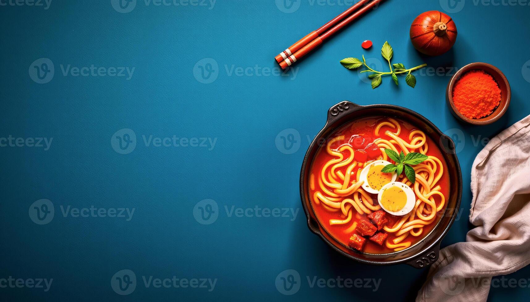 Vibrant spicy ramen set in the bold corner on a deep teal background photo