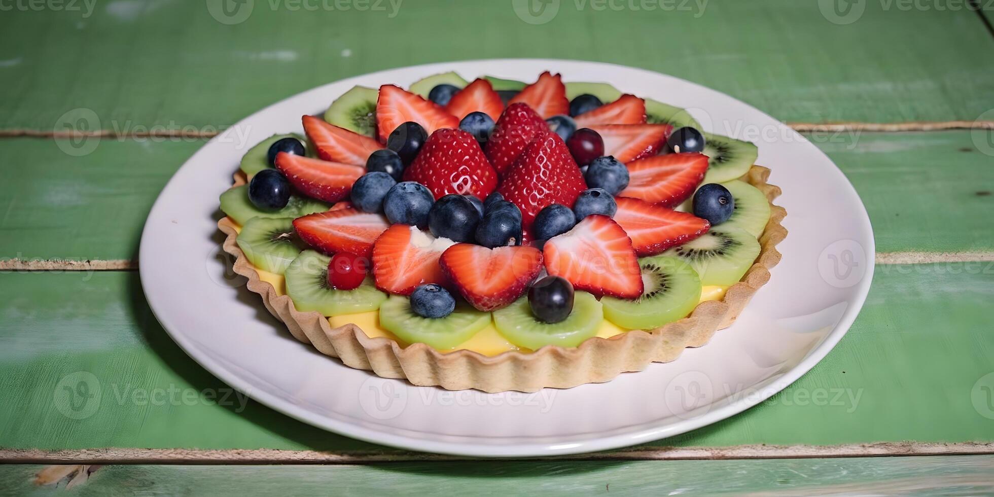 Colorful Fruit Tart Garnish Mint Delicious Treat photo