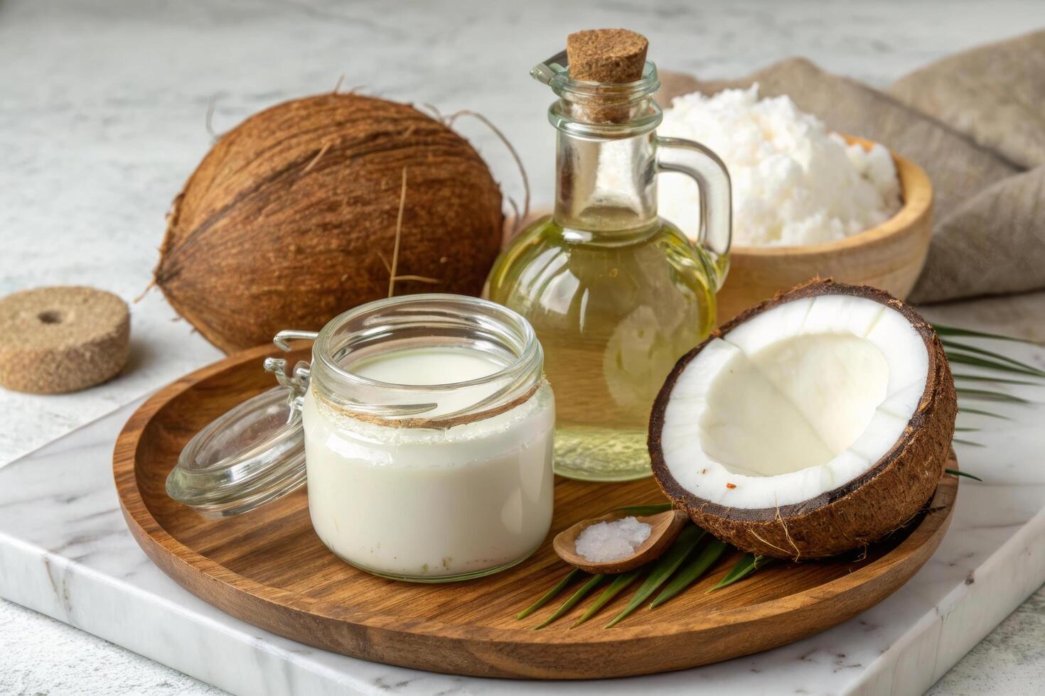 Fresh coconut products including coconut milk, oil, and grated coconut on wooden tray. natural ingredients evoke sense of health and wellness photo