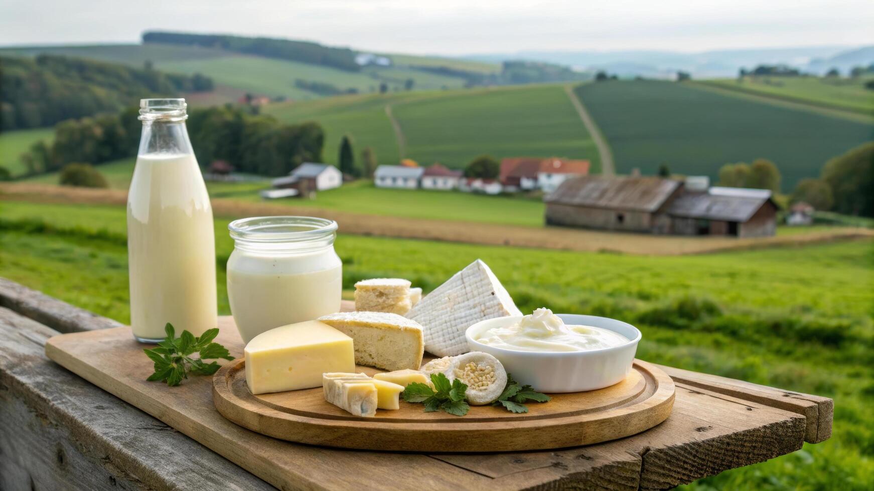 Fresh dairy products displayed on wooden board in scenic countryside setting, featuring milk, cheese, and yogurt with lush green fields in background photo