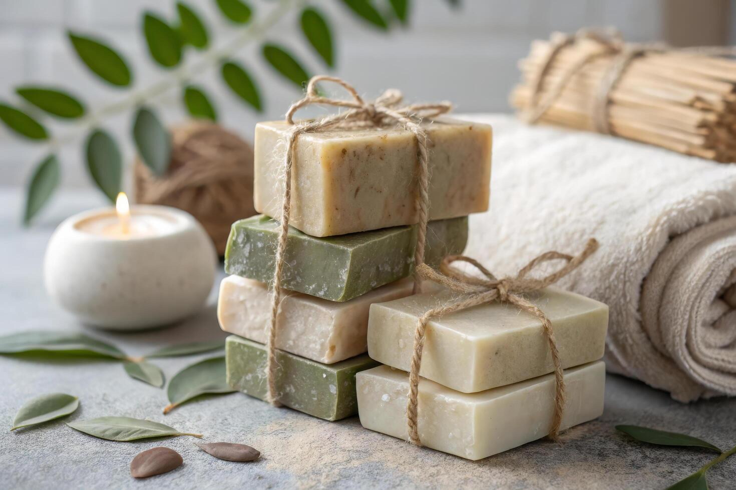 Artisanal organic soap bars stacked with natural elements, creating serene spa atmosphere. Perfect for relaxation and self care routines photo