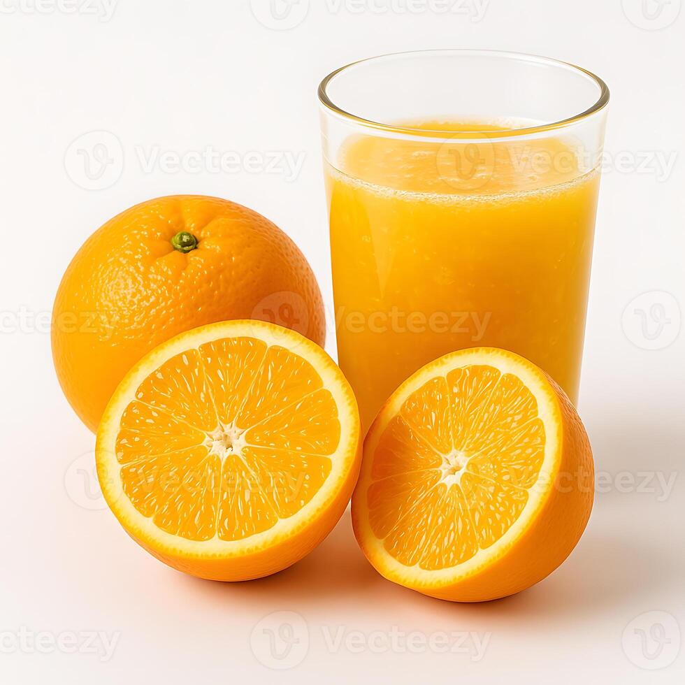 Fresh Orange Juice with Whole and Sliced Oranges photo