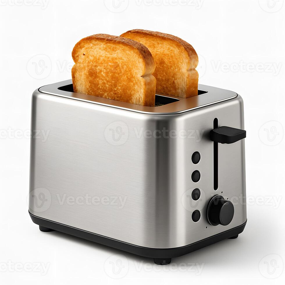 Modern Stainless Steel Toaster with Two Slices of Golden Toasted Bread Isolated on White Background for Kitchen Appliance and Breakfast Concept photo