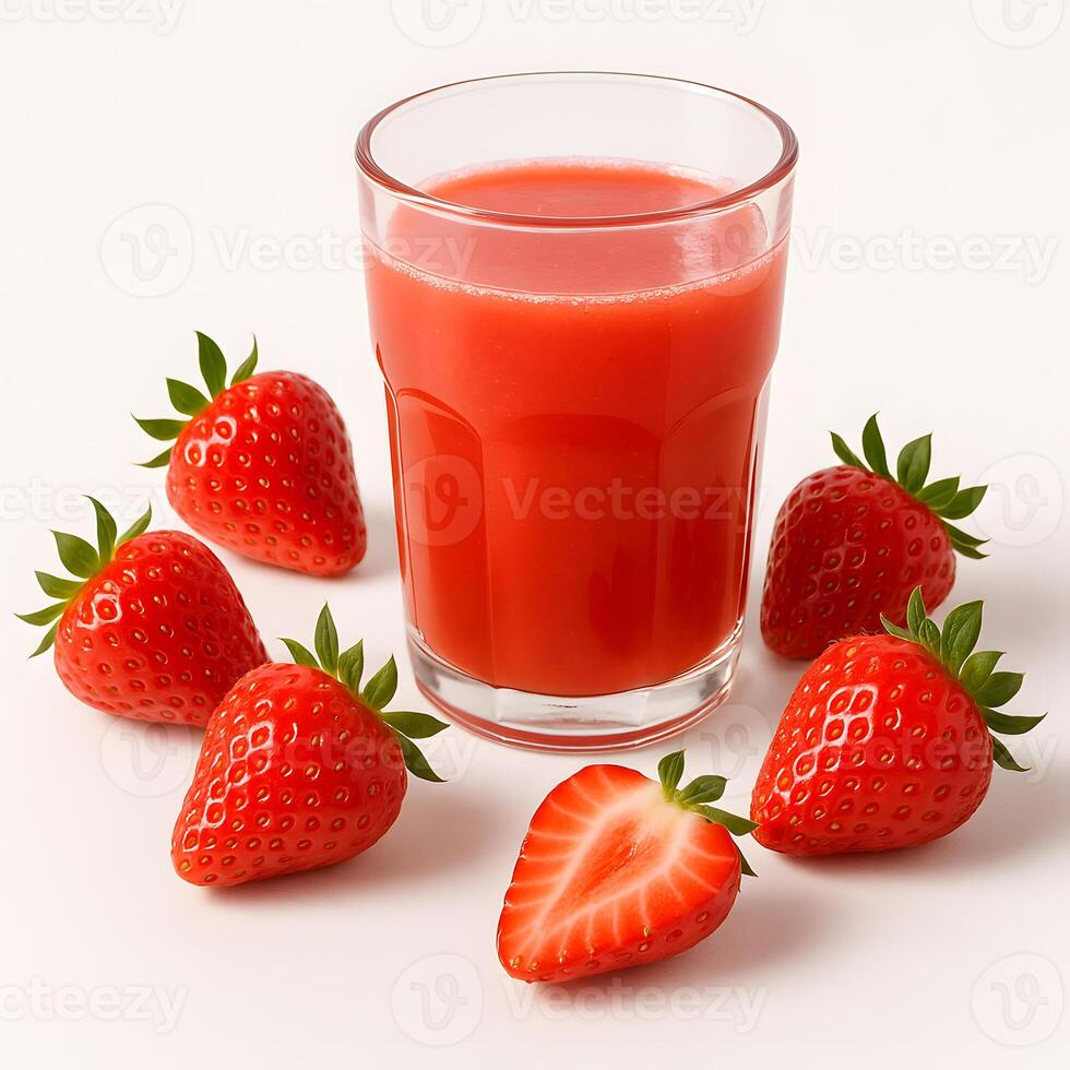 Fresh Strawberry Juice with Whole and Sliced Strawberries on White Background Refreshing Natural Fruit Beverage Concept for Healthy Lifestyle and Organic Food Promotions photo