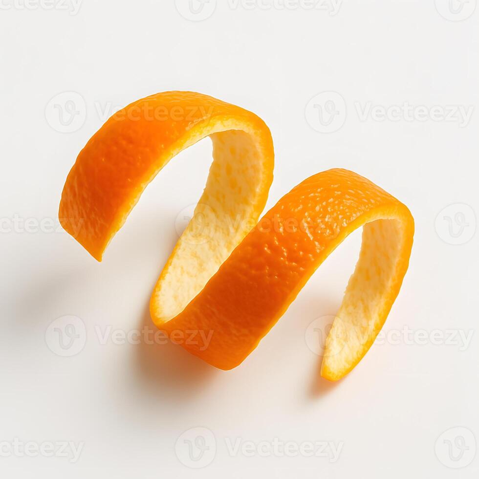 Fresh Curled Orange Peel on White Background Showing Texture and Vibrant Color for Food and Beverage Concepts photo