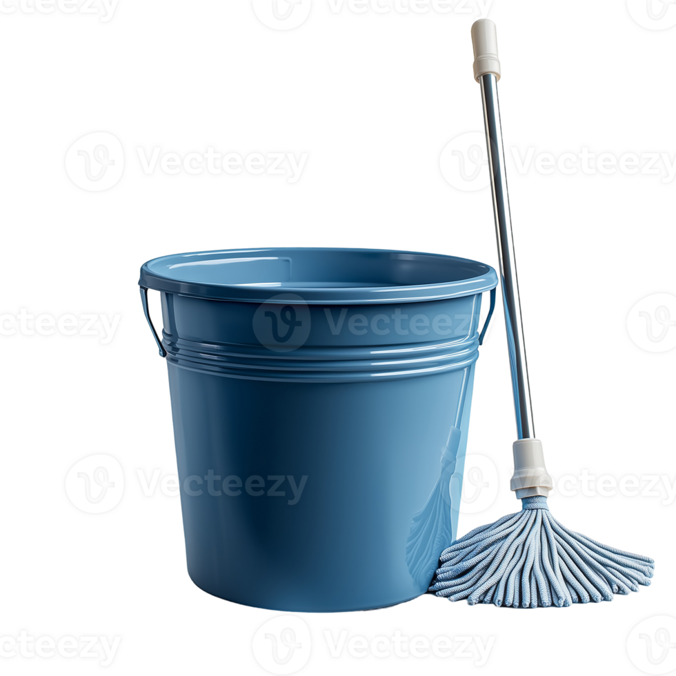Blue bucket and mop cleaning supplies equipment still isolated on transparent background png