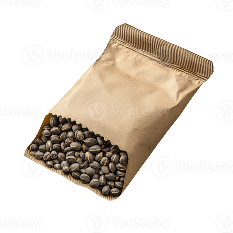 Fresh coffee beans in brown paper bag product rendering isolated on transparent background png