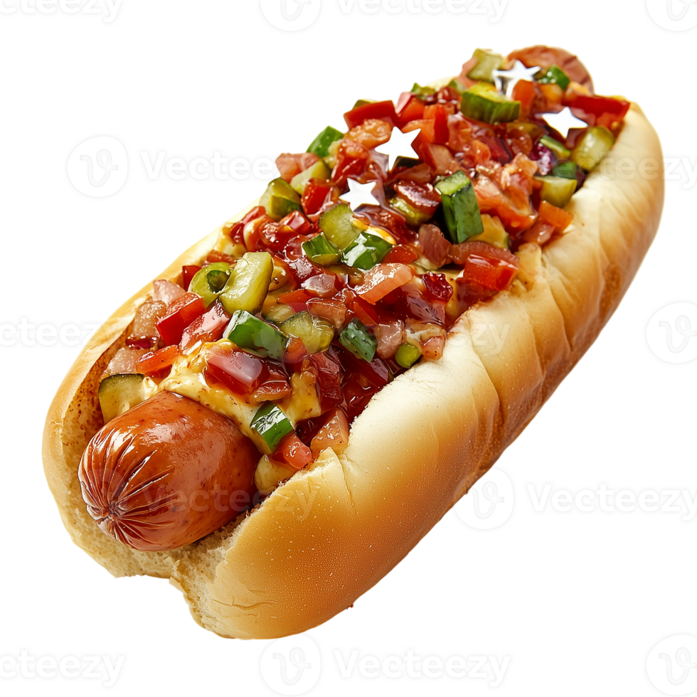 Delicious hotdog with toppings ready to be eaten quickly isolated on transparent background png
