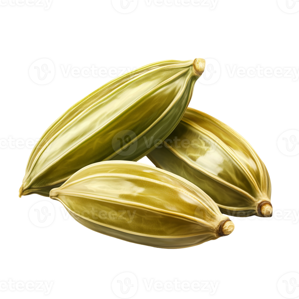 Cardamom pods aromatic spice culinary ingredient close up view isolated on transparent background png