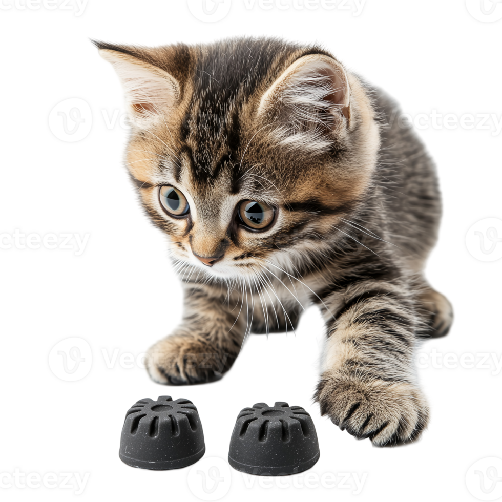 Adorable kitten curious about furniture risers on a surface isolated on transparent background png