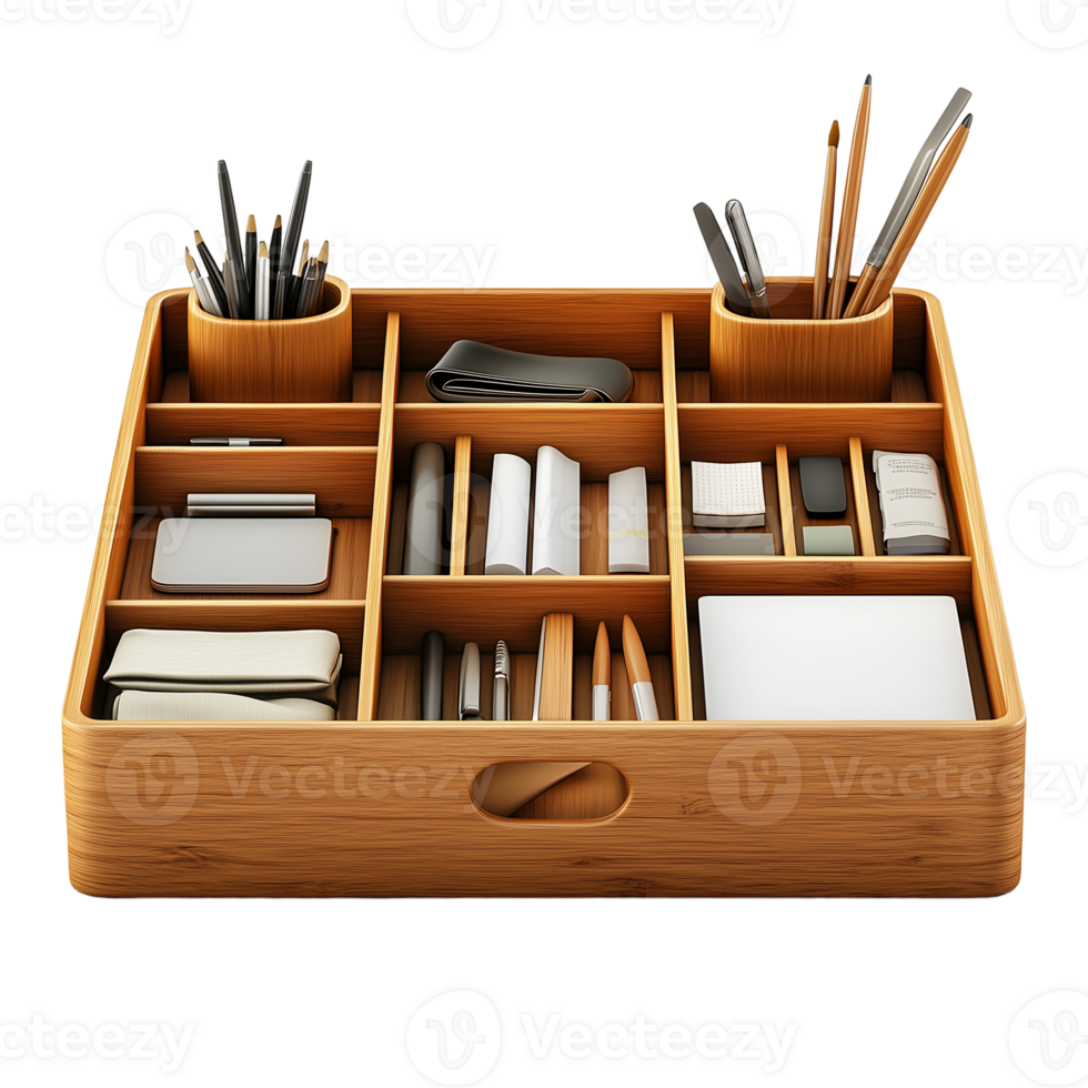 Wooden desk organizer with stationery and office supplies isolated on transparent background png