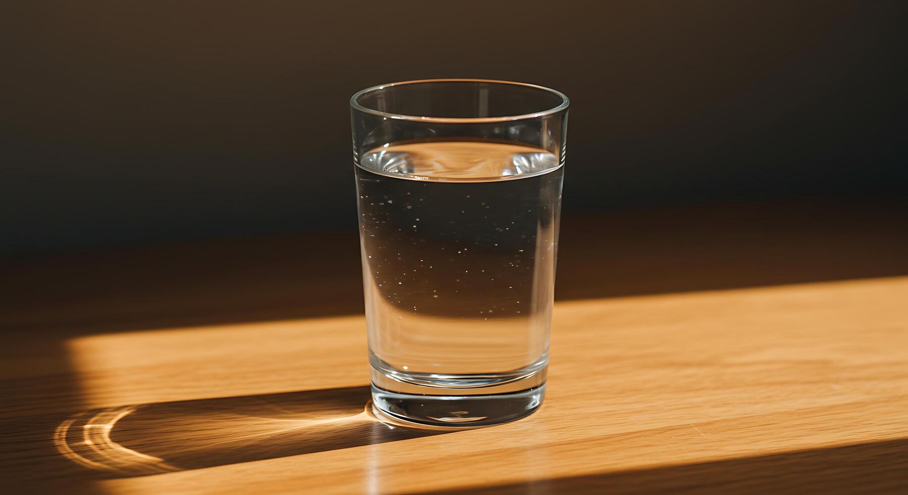 Glass of Water on Wooden Table with Sunlight Creating Shadow photo