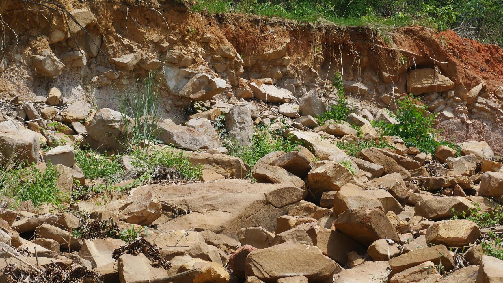 A rocky terrain with mixture of large boulders and smaller stones, surrounded by greenery and soil erosion. landscape showcases natural geological formations and vegetation growth photo