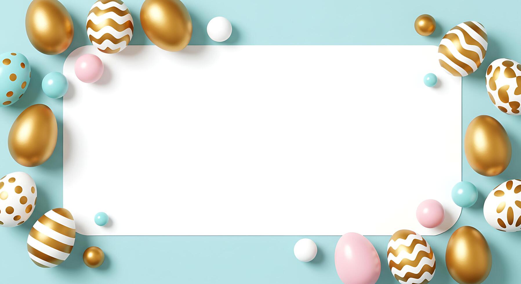 Easter Eggs Frame on Pastel Background with Gold Decorations and Blank Space photo