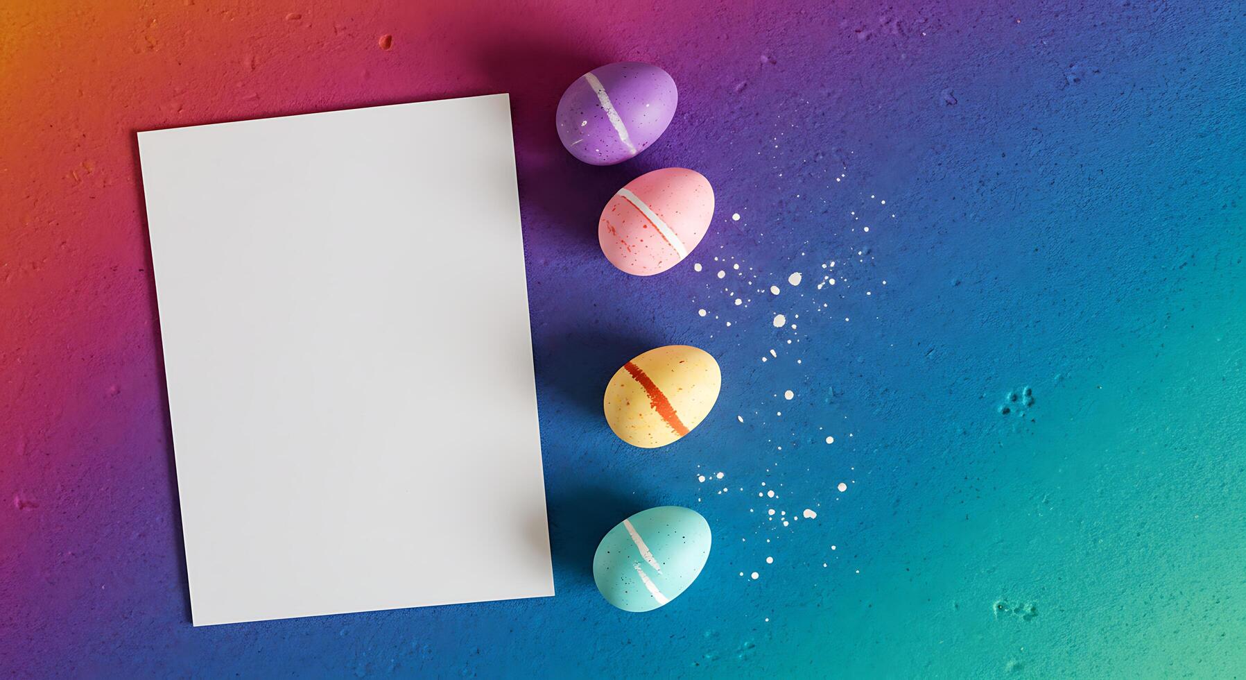 Colorful Easter Eggs with Blank Card on a Vibrant Gradient Background photo