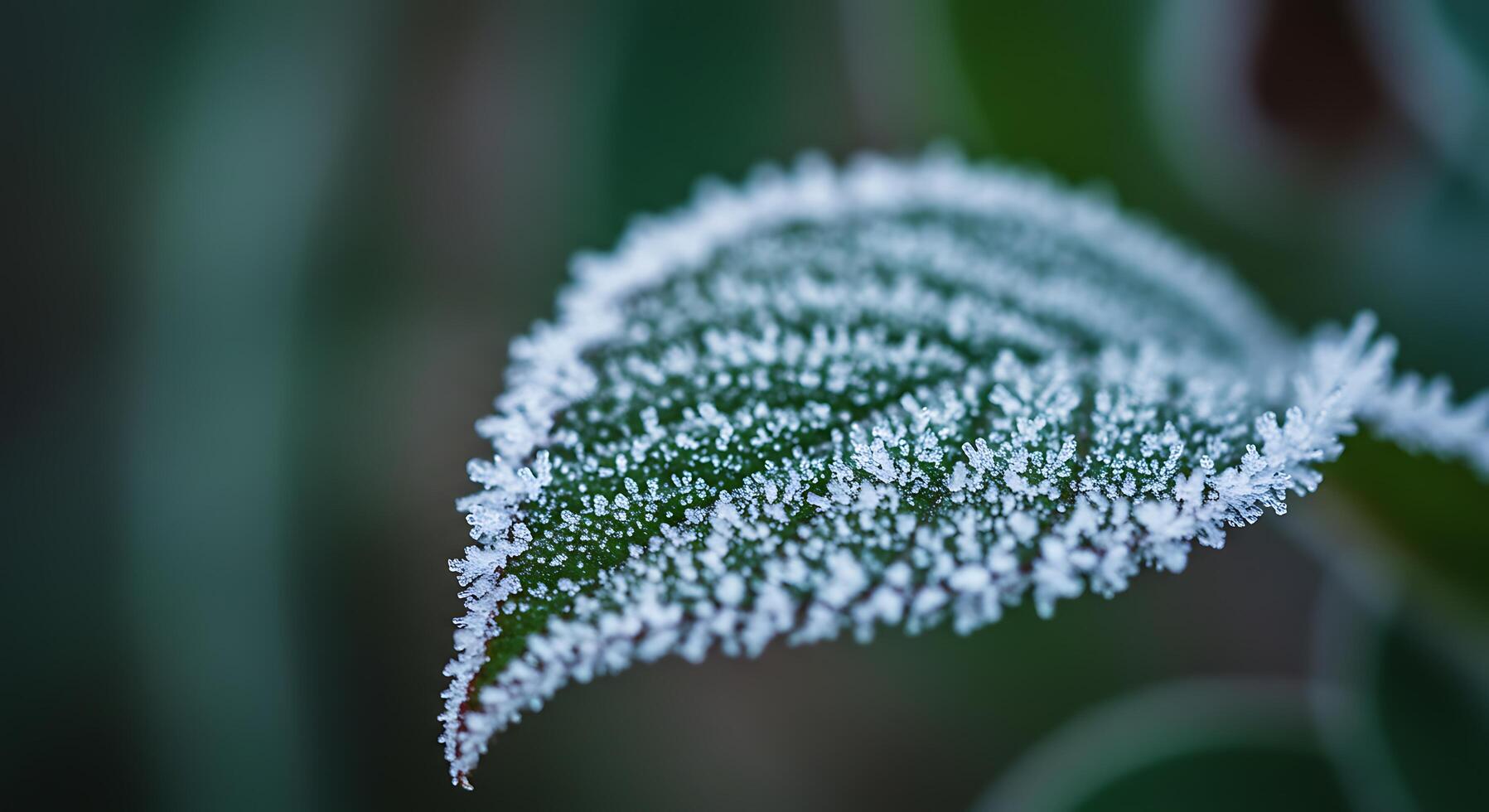 Frosty Leaf Close-up Sparkling in Winter Morning Light on Green Background photo