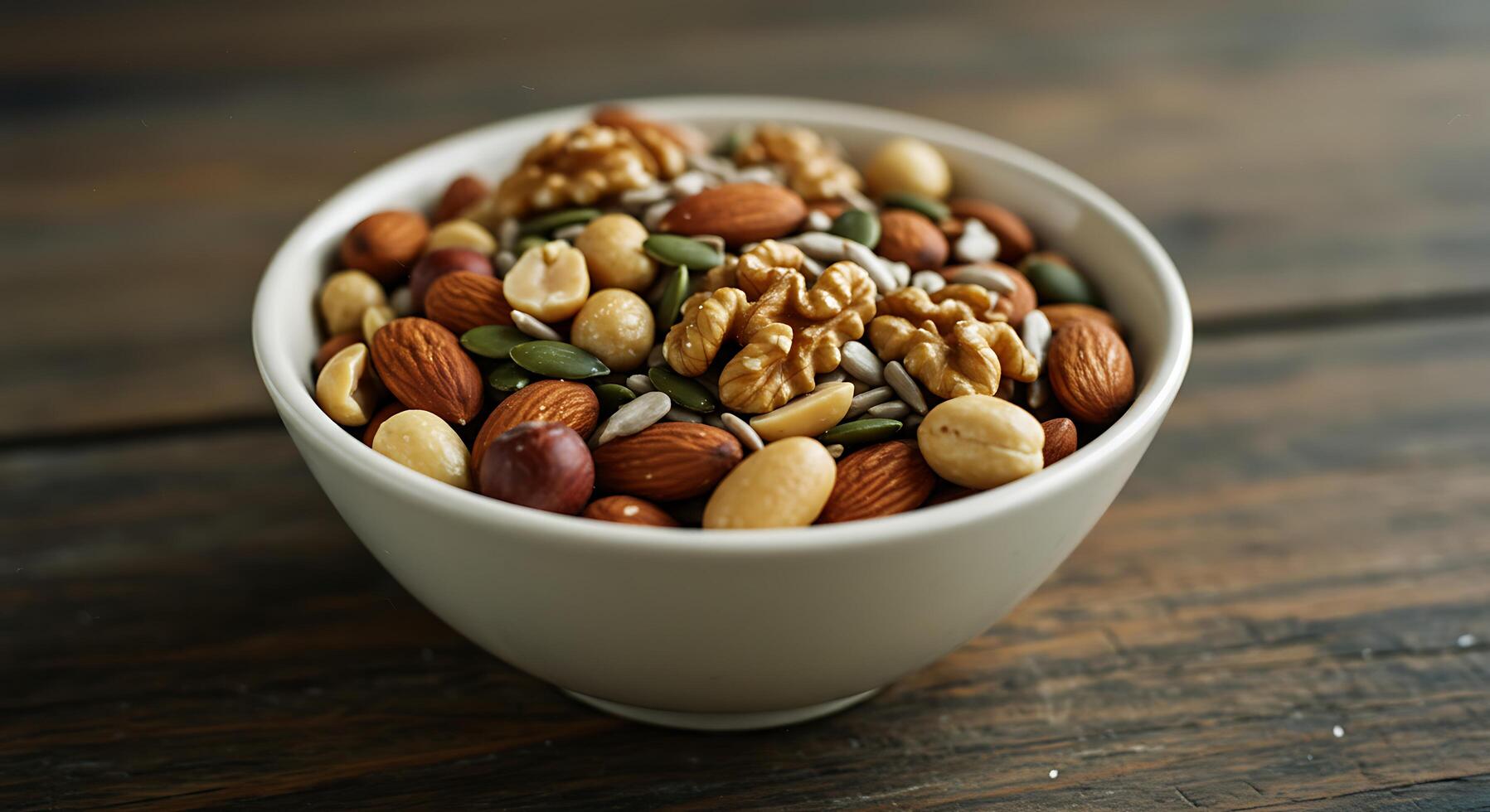 Variety of Mixed Nuts in Bowl on Wooden Surface Close-up photo