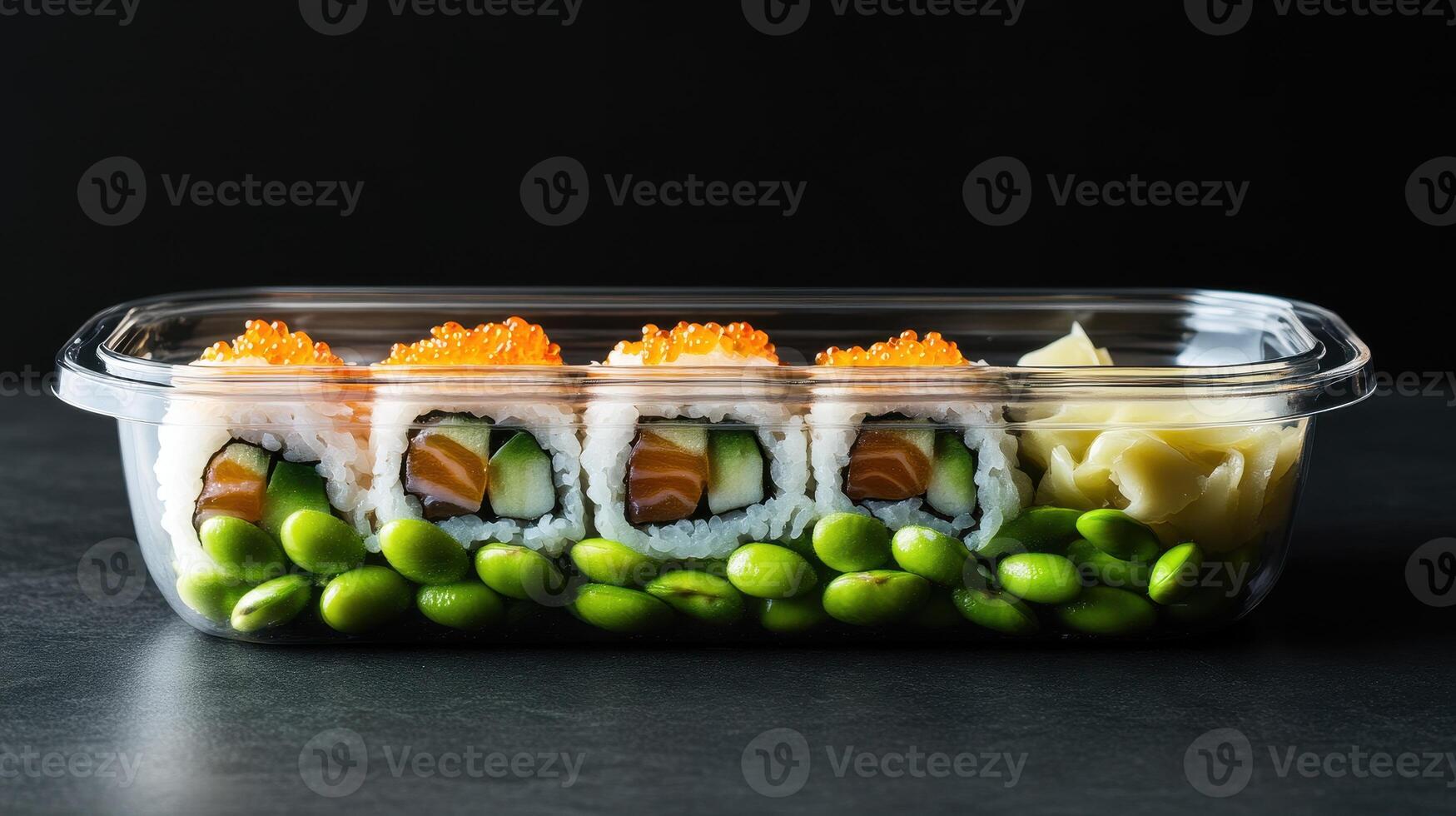 Sushi platter with salmon rolls, edamame, and pickled ginger on a dark surface photo
