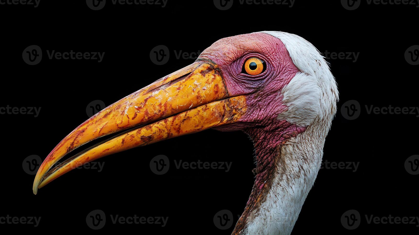 Detailed close-up of a colorful bird with striking features against a dark background photo