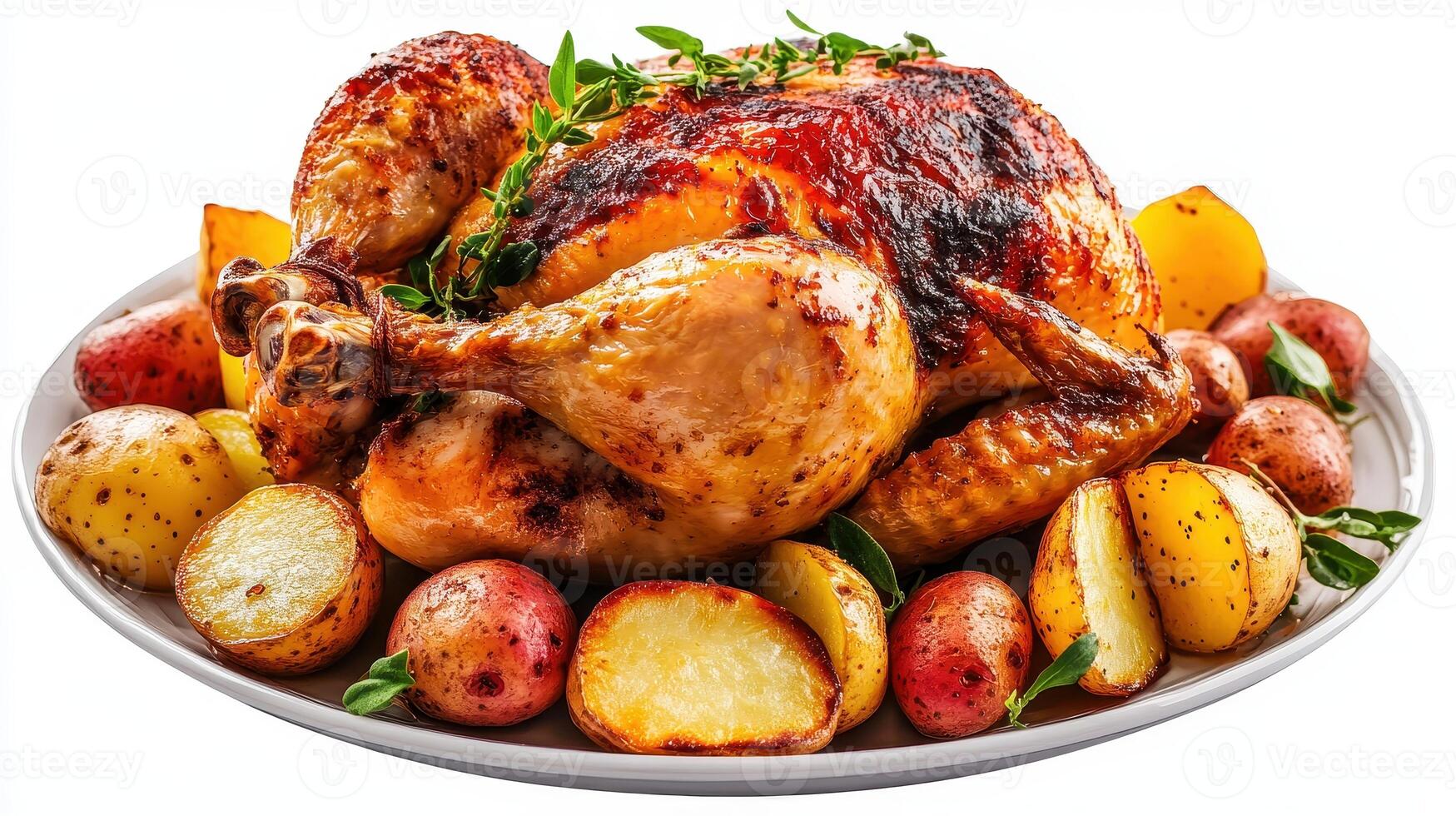 Roasted chicken served with potatoes and herbs on a white platter for a festive meal photo