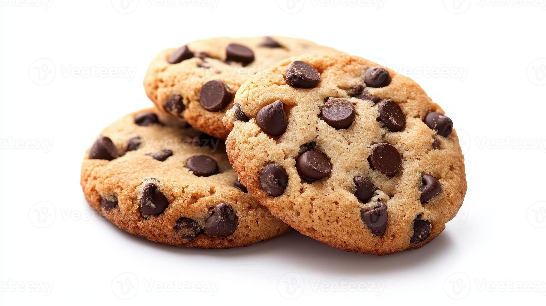 Warm cookies stacked together with melted chocolate chips on a light background, perfect for a sweet treat photo