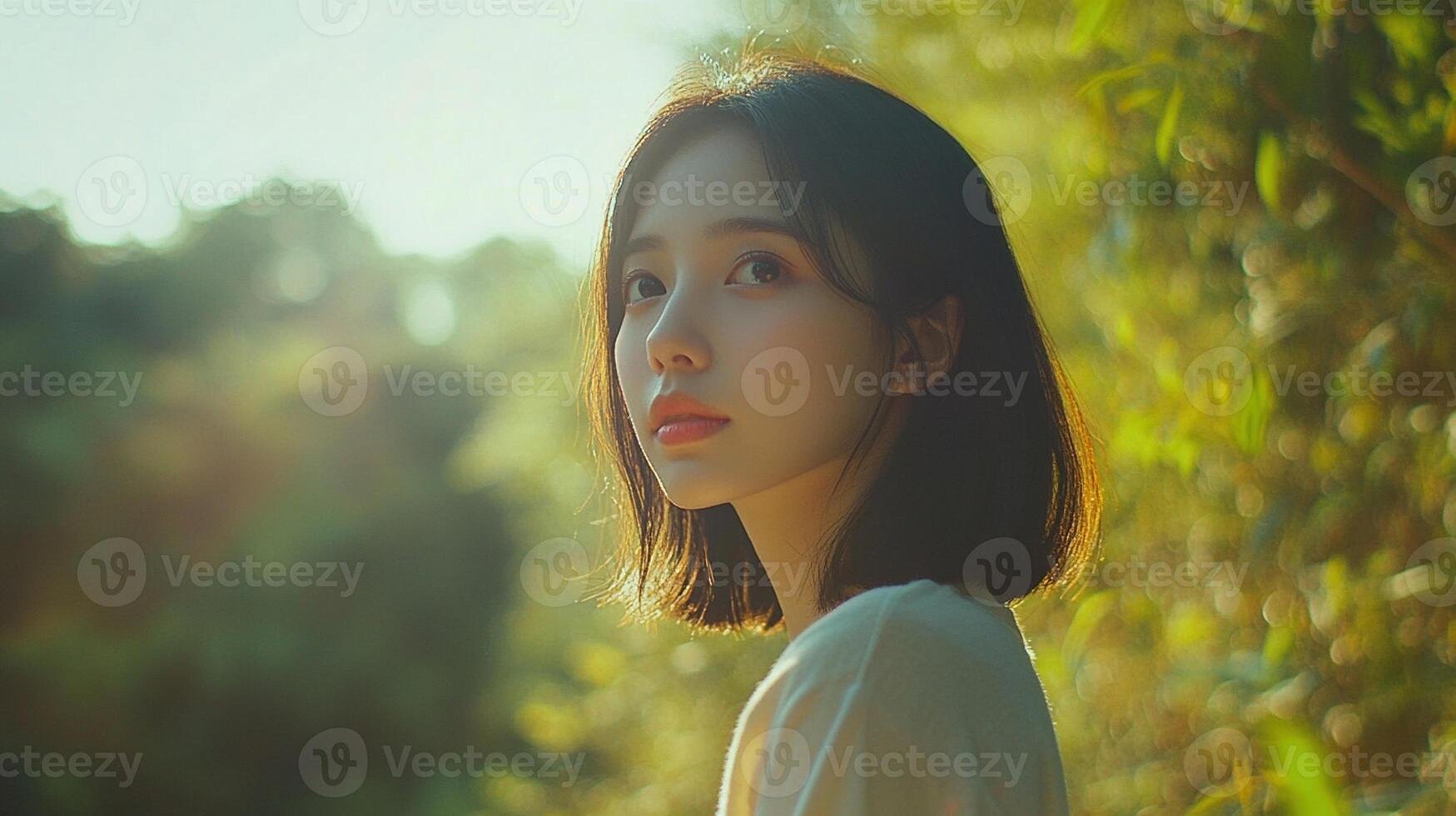 Thoughtful Asian Girl Standing Outdoors in Natural Setting for Lifestyle and Portrait Photography photo