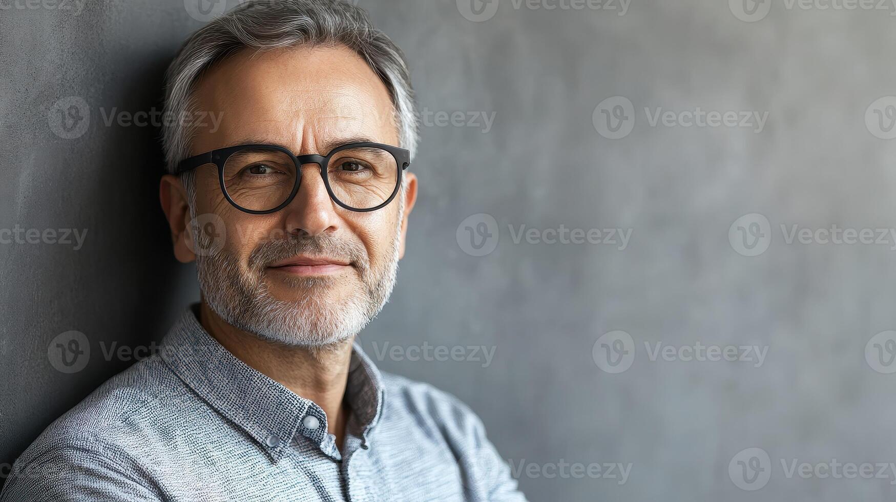 Middle-aged man smiling warmly against a gray wall during daytime in a casual setting photo