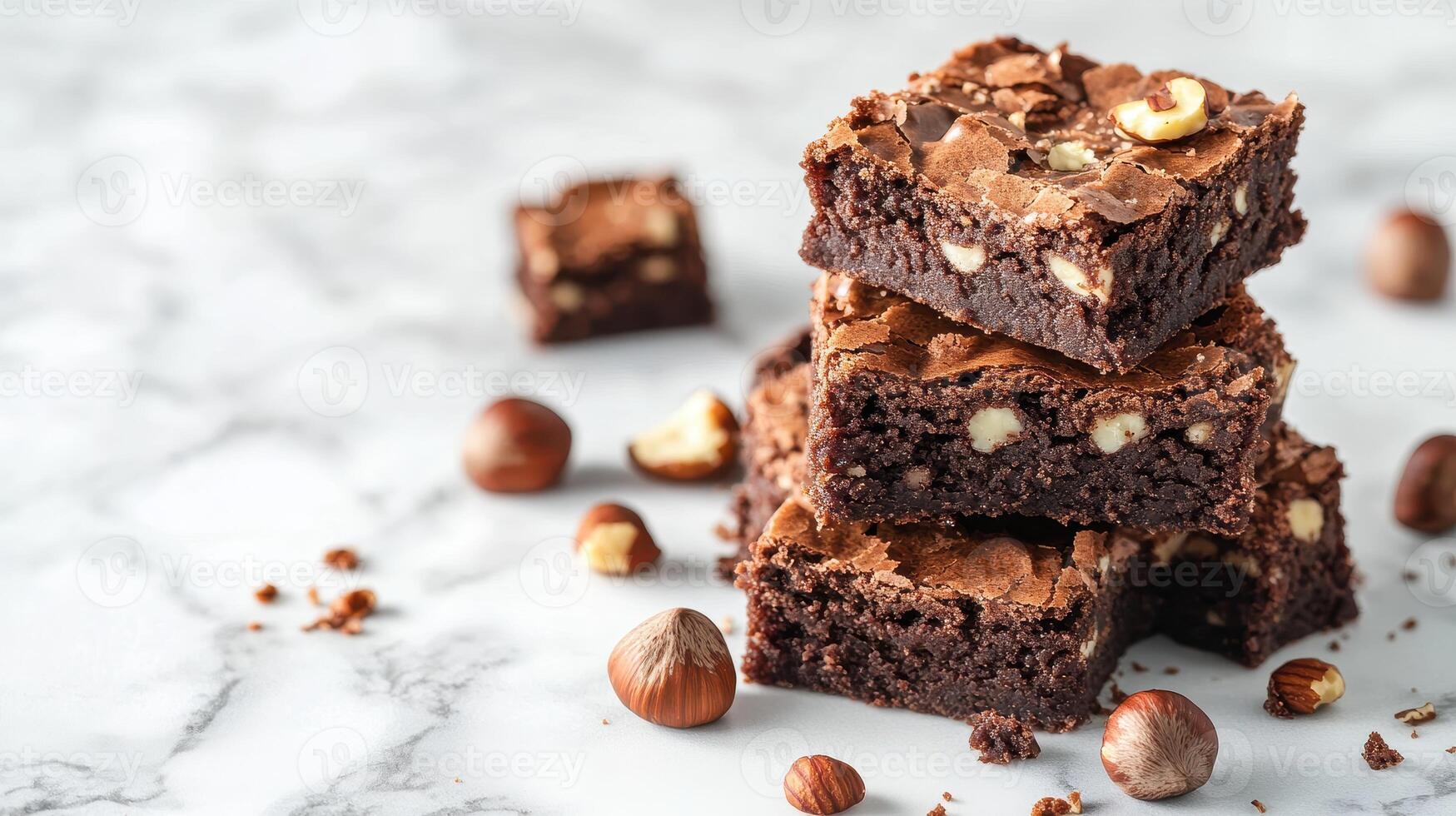 Decadent chocolate brownies stacked with hazelnuts on a marble surface photo