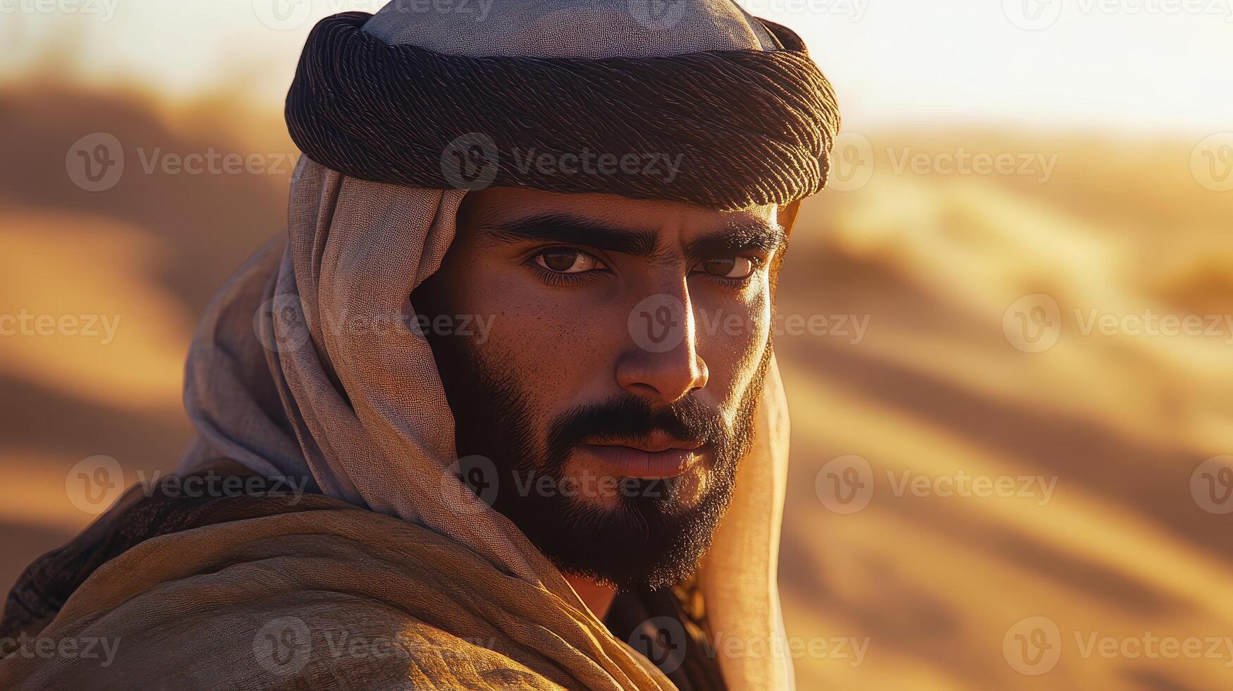 Desert man with traditional attire gazing at the horizon during golden hour in the sands photo