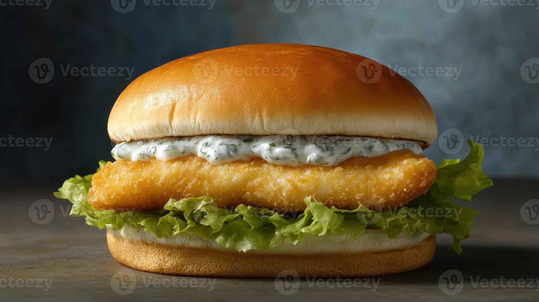 Crispy fish sandwich with fresh lettuce and creamy sauce served on a toasted bun for a delicious meal option photo