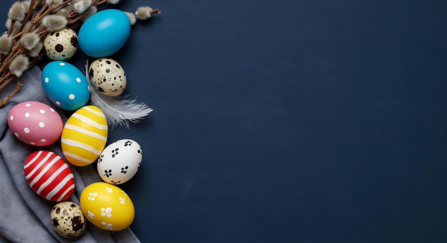 Colorful Easter Eggs and Willow Twigs on a Dark Blue Background photo
