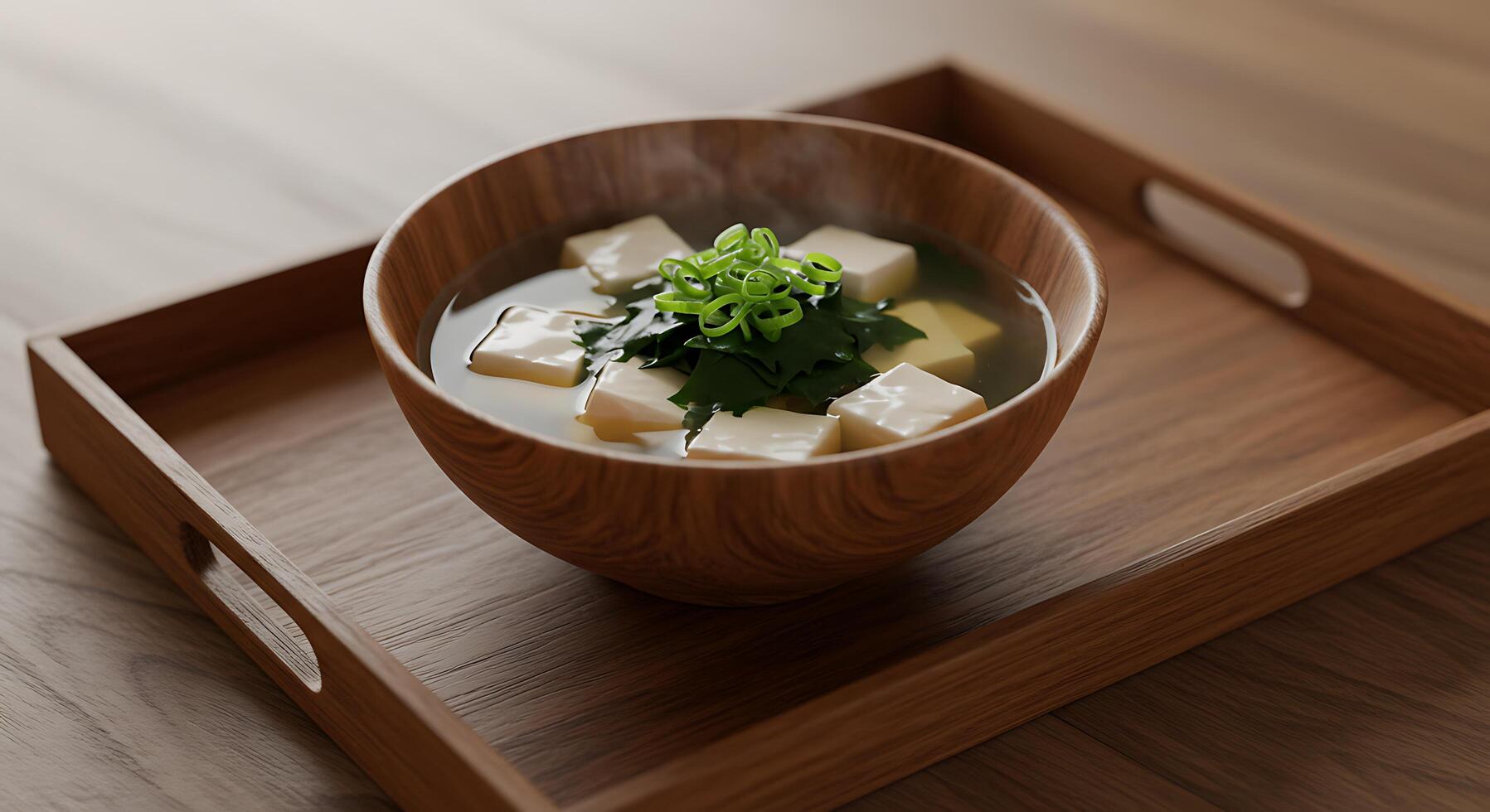Serving Hot Miso Soup with Tofu and Scallions on Wooden Tray photo