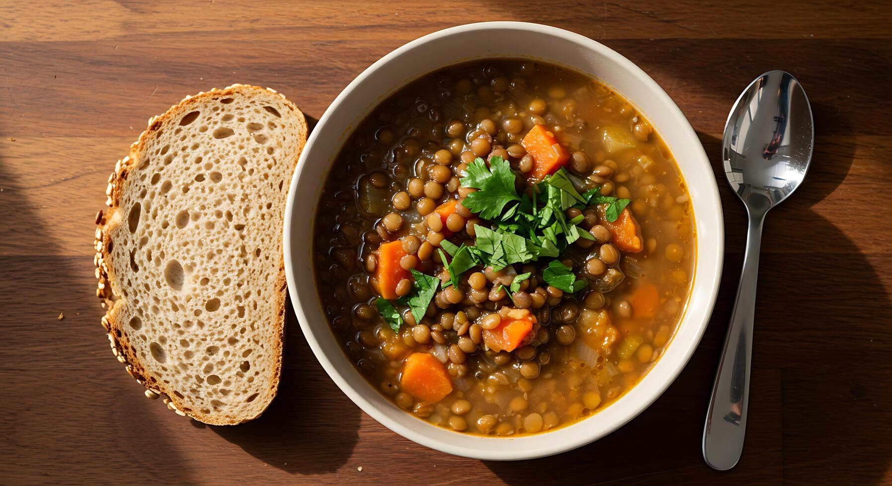 Serving of Hearty Lentil Soup with Crusty Bread and Spoon photo