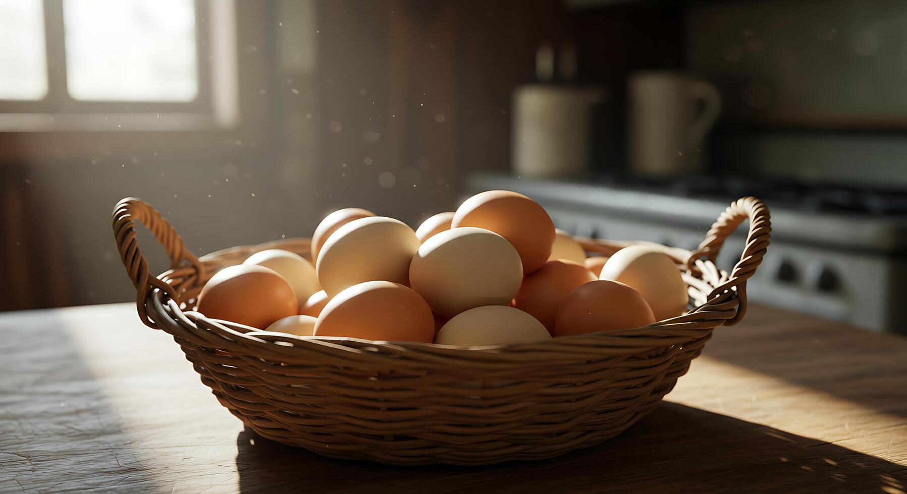 Fresh Chicken Eggs in Basket on Wooden Table with Natural Sunlight photo