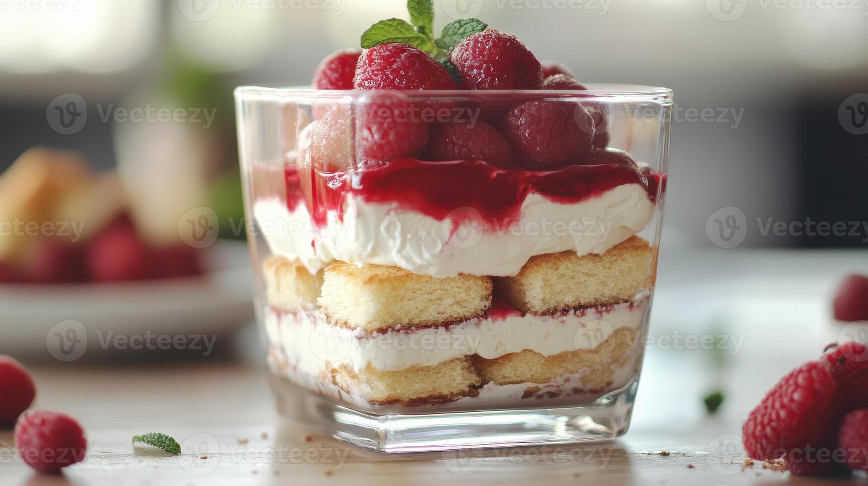 Delicious raspberry trifle dessert in glass served on wooden table with fresh berries in the background photo