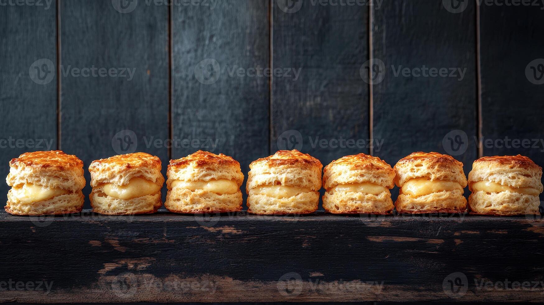 Freshly baked fluffy pastries lined on a rustic wooden surface against a dark backdrop photo