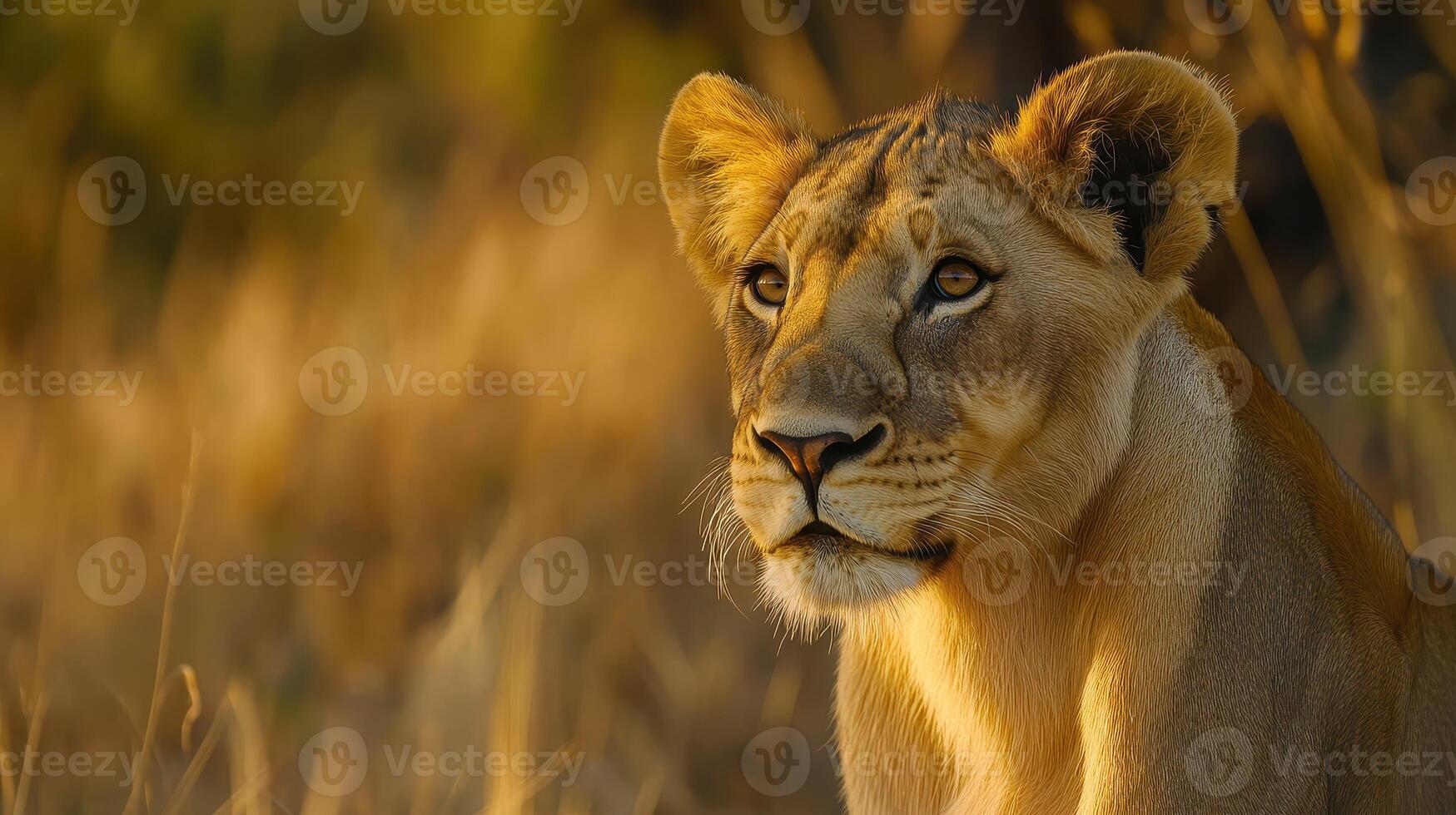 Lioness rests in golden grass at sunset in the savannah, showcasing her graceful presence and serene expression photo