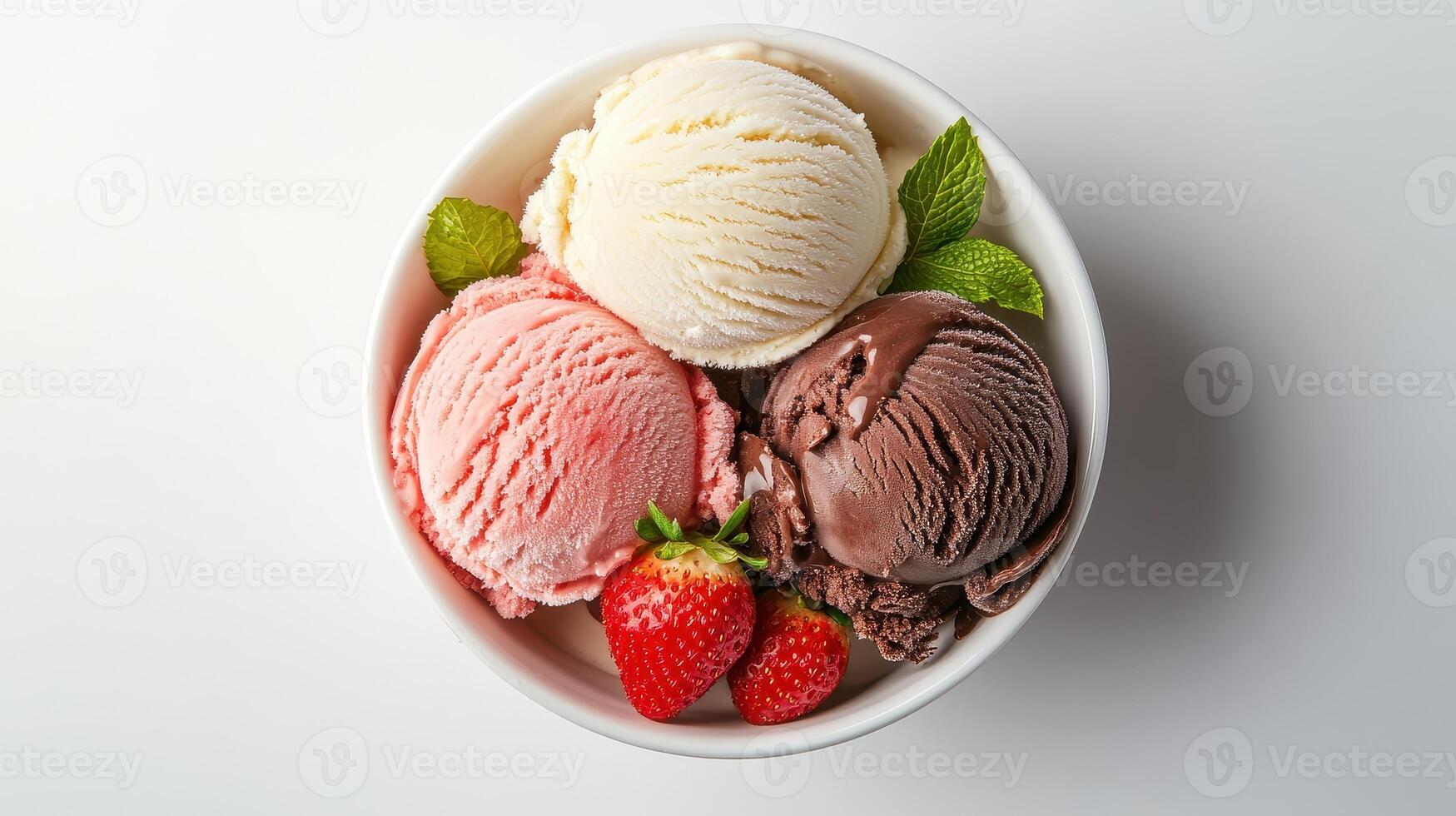 Three scoops of ice cream in a bowl with fresh strawberries and mint leaves on a white background photo