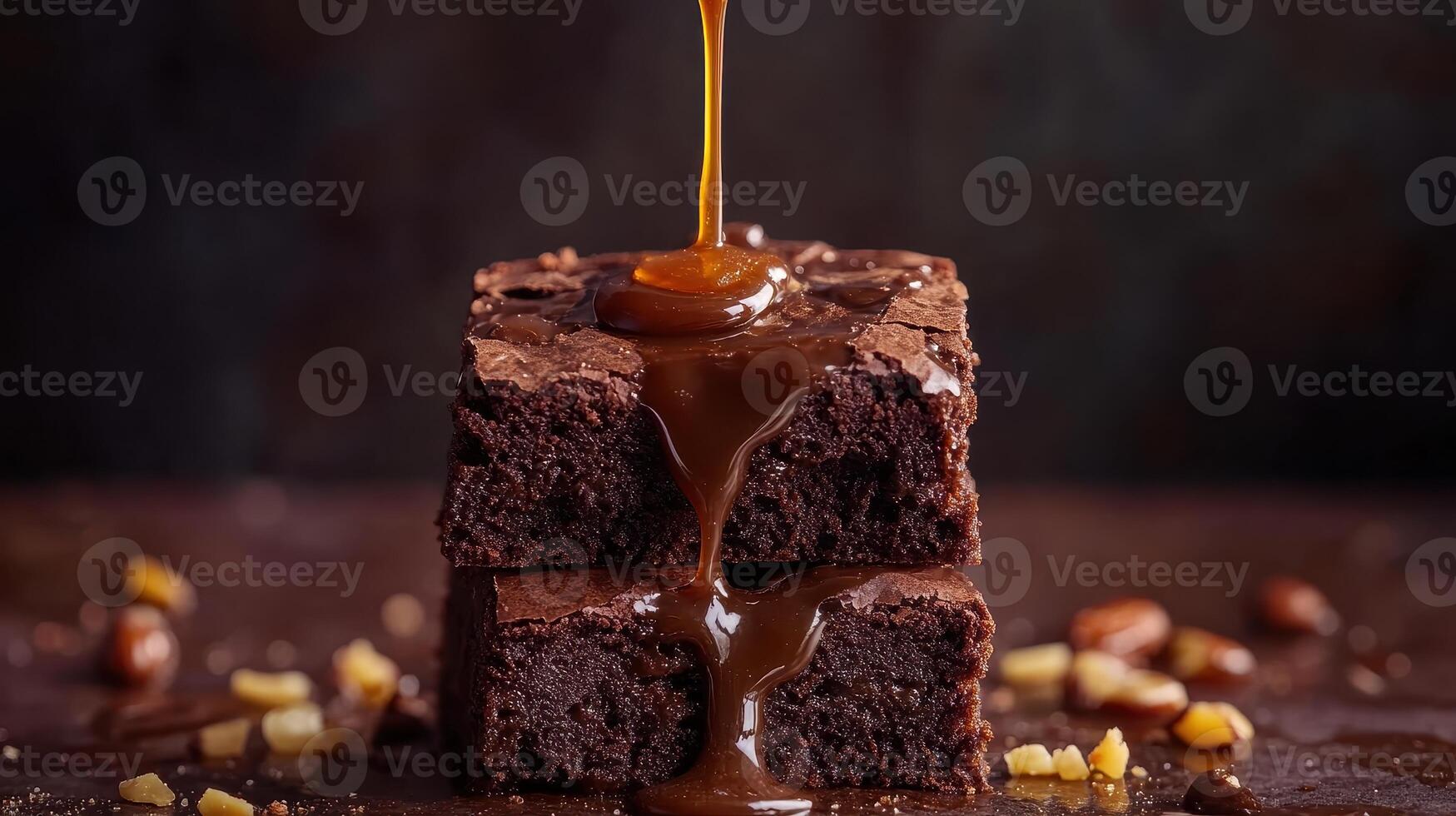 Decadent chocolate brownies with caramel drizzle and nut garnish on a dark background photo
