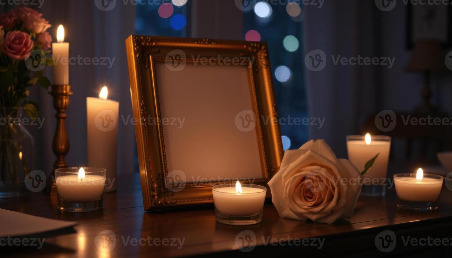 Candles and a picture frame on a table photo