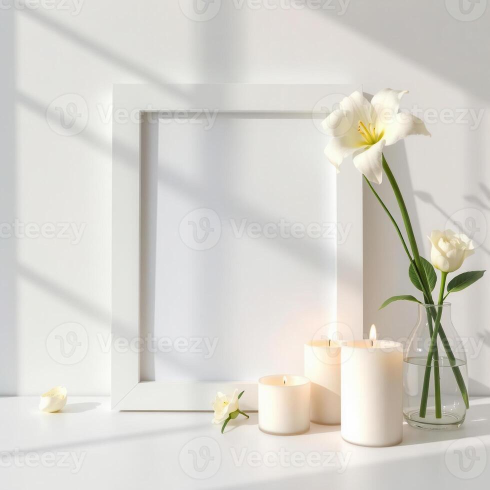 White flowers and candles on a white table with a blank frame photo