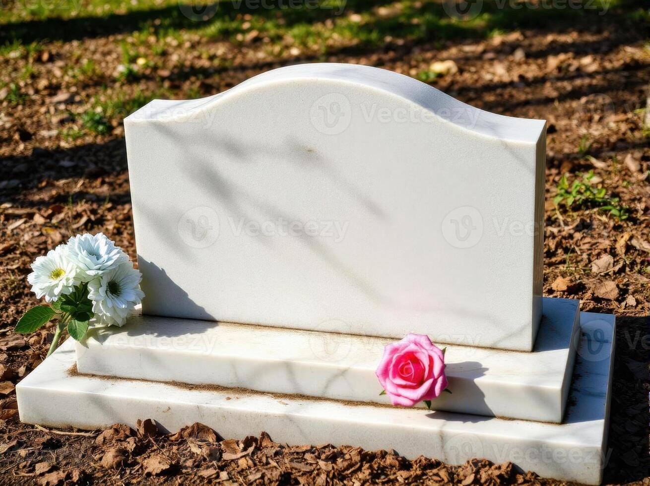 A white tombstone with a pink rose on it photo