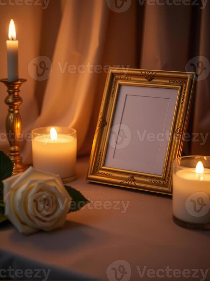 A picture frame with candles and a rose on a table photo