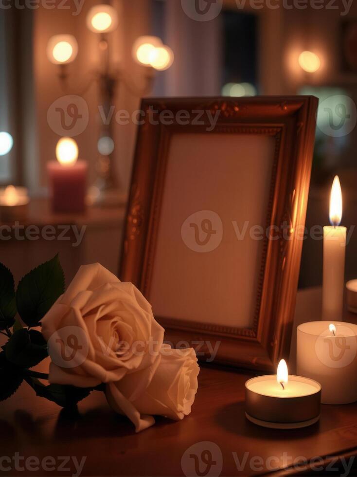 A picture frame with candles and roses on a table photo