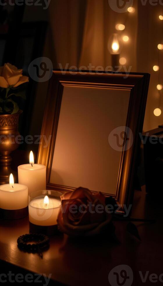 Candles and a blank frame on a table with a rose photo