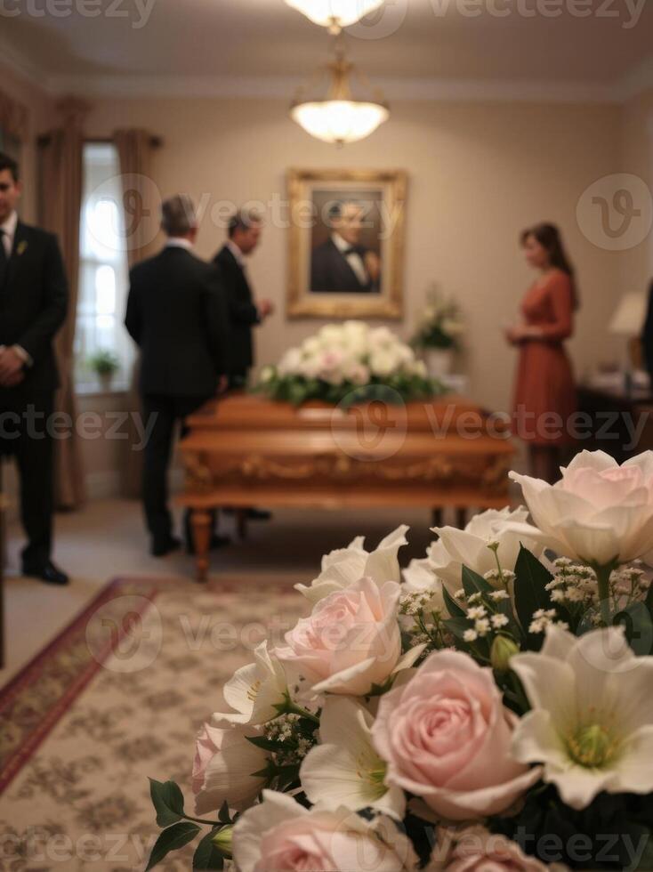 A funeral service is taking place in a room with flowers photo