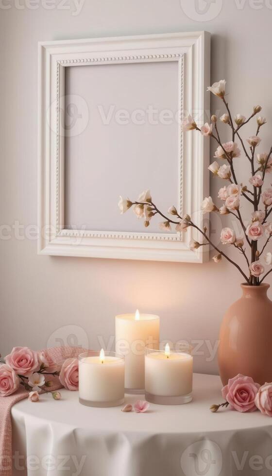 A table with candles and a picture frame photo