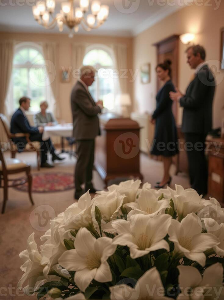 A group of people standing around a vase of white flowers photo